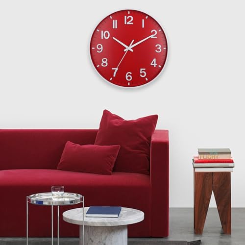 Image of HZDHCLH Red Wall Clocks Battery Operated,12 inch Silent Non Ticking Modern Christmas Wall Clock for Living Room Bedroom Kitchen Office Classroom Decor