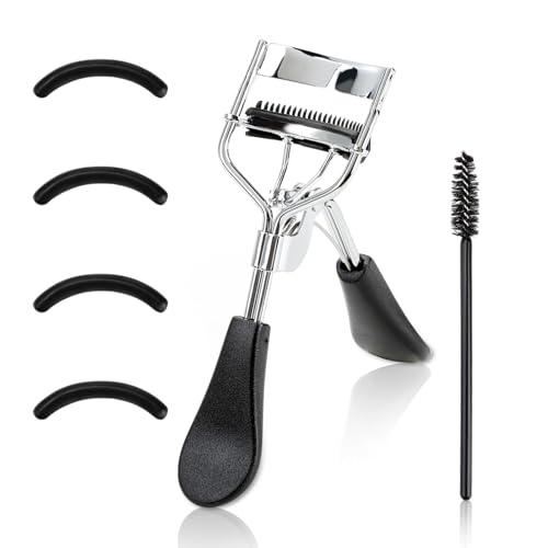 3 in 1 Eyelash Curler, Lash Curler Curling Tool Set, Curl Eyelash in Seconds, Professional Practical Makeup Cosmetic Tool with Comb and 4 Refills Pads Makeup Accessory for Girl and Women, Black Handle