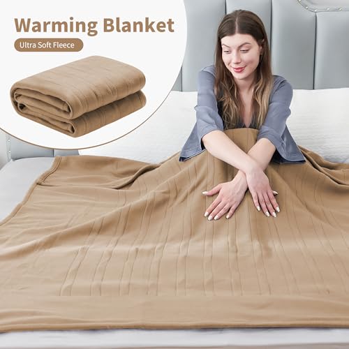 Electric Heated Blanket Full Size 72"x84", Soft Fleece with 10 Hours Auto-Off & 4 Heating Levels, Overheating Protection, Machine Washable, Light Brown