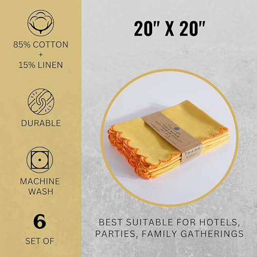 Image of FINGERCRAFT Scallop Edge Cloth Napkins | Set of 6 | 20x20 Inches | 100% Cotton | Table Napkins for Any Occasion | Washable, Perfect for Parties and Everyday Use (Yellow Flax, Set of 6)