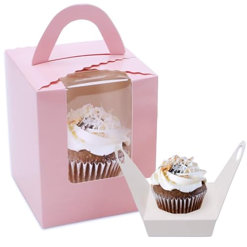 Pubiao 20 Pcs Single Cupcake Boxes 1 Holes with Clear Window Individual Cupcake Carrier with Handle Box For Weddings Birthday Parties Cookies Party Favors