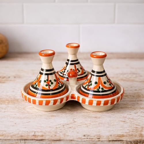 Mini Tajine Triplo Porta Spezie in Ceramica Terracotta Marocchina di Safi - Eleganza Artigianale 3012250802 Tunisia Turchia Etnico del Modno