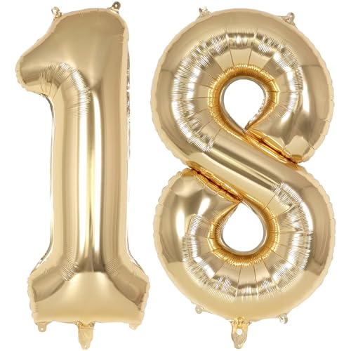 Image of Champagne Gold Large Number 18 Balloon, 40 Inch Light Gold Foil Helium Number Balloons, Giant Mylar Number 18 Balloons for 18 Years Old Birthday Party Anniversary Decorations (Champagne Gold 18)