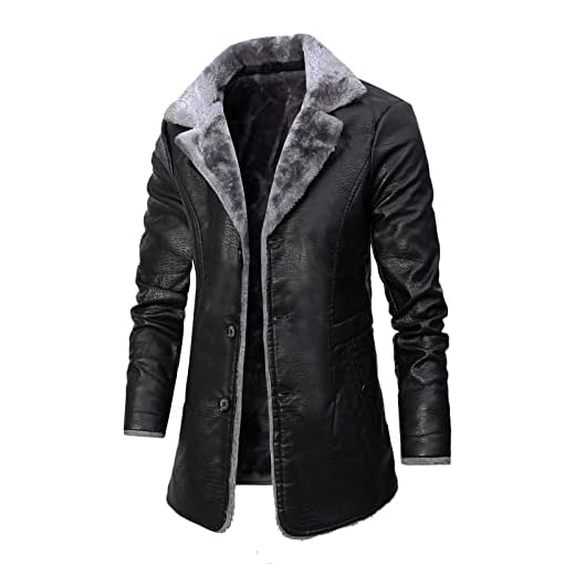 Manteau en cuir pour homme - Noir - Long manteau en laine - Doublure chaude - Manteau de travail en cuir synthétique - Moto - Parka d'hiver avec col en fourrure synthétique - Veste en cuir synthétique