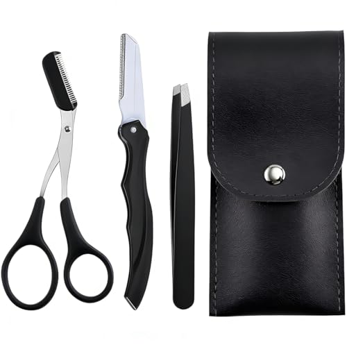 PLABBDPL 4 Piezas pinzas depilar, pinzas depilar profesionales para facial, cejas, Pinzas Depilar Para Mujer, Pinzas De Acero Inoxidable Para Cejas Con Tijeras, Navaja para Vello Encarnado, Negro
