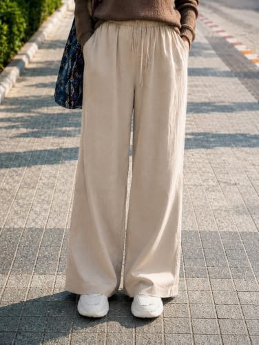 Image of CHICSTIT Women Cotton Wide Leg Trousers | Elastic Waist High Rise Palazzo Pants | Loose Fit /Straight Fit Casual Lounge Pants with Pockets