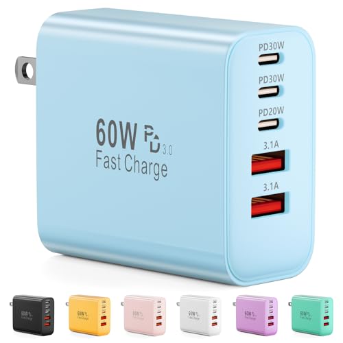 Image of USB C Charger Block, 60W 5-Port Type C Charger Fast Charging Blocks | USBC Multiple Port Wall Charger Plug for iPhone 17 /16 /15 /14 /13 /12 /11 Pro Max, Samsung Galaxy, Android Phone, iPad, Blue