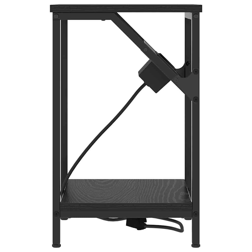 Mesa de Noche Moderna con Estantería Integrada y Fuente de Poder, Diseño Rectangular con Patas de Acero Negro, Superficie de Madera Resistente para Dormitorio Contemporáneo
