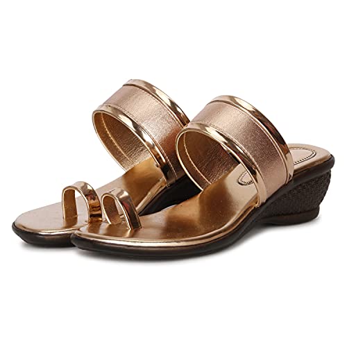 Image of Twins Shoes Women Rose Gold Wedges Heels Comfortable Women's Sandal - 2 Inch Heel Aghutha Pata Fashion Sandal