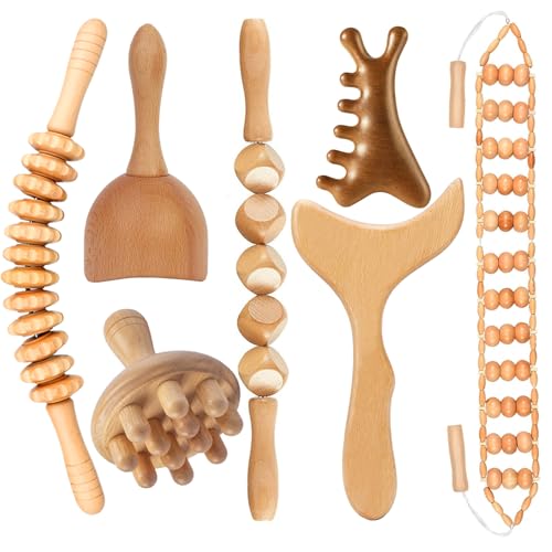 Set Completo Multifunzionale - Include 7 strumenti: massaggiatore a 12 rulli, coppa gua sha, rullo per schiena, massaggiatore a 5 punte, massaggiatore per testa, pettine viso/cuoio capelluto e tavoletta a coda di pesce. Realizzati in legno naturale 100%, sicuro e atossico per trattamenti corpo delicati.