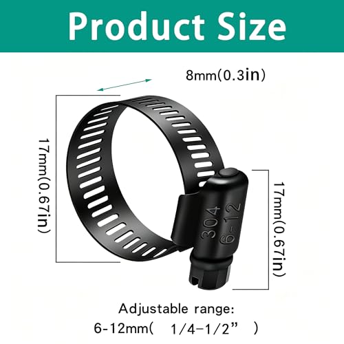 Image of Dianrui 30 PCS Black Hose Clamps 1 /4 inch-1 /2 inch (6-12mm) 304 Stainless Steel Worm Gear Fuel Line Hose Pipe Clamps for Fuel Line, Plumbing, Intercooler and Tube