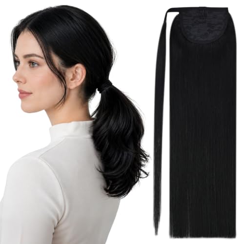 Image of Full Shine Human Hair Pony Tail, Jet Black, Wrap Around Smooth Daily Style