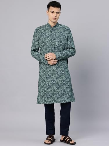Image of Majestic Man Men's Regular Fit Ethnic Motifs Printed Pure Cotton Long Kurta with Mandarin Collar & Full Sleeves