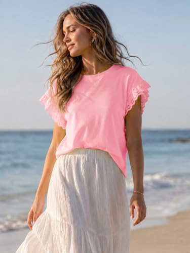 Image of Tankaneo Womens Summer Crewneck T-Shirts Lace Cap Sleeve Tops Dressy Casual Loose Fit Work Basic Tees Outfits 2026