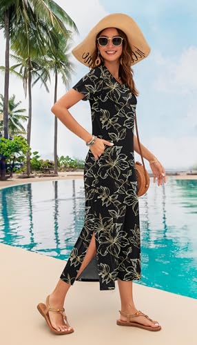 Image of MISFAY Womens Maxi Dress Short Sleeve V Neck Loose with Pockets | Soft stretchy breathable, v neck loose fit, side split hem, two side pockets, casual daily beach vacation travel dress