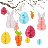 RNHDLY 12 Stück Osterdeko zum Aufhängen, Wabenfigur Ostereier Zum Aufhängen Papier Osterhase Wiederverwendbare Ostern Deko für Innen und Draußen Deko Frühling