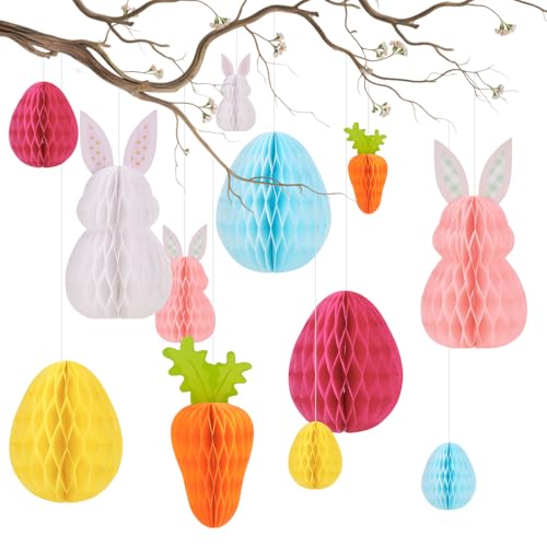 RNHDLY 12 Stück Osterdeko zum Aufhängen, Wabenfigur Ostereier Zum Aufhängen Papier Osterhase Wiederverwendbare Ostern Deko für Innen und Draußen Deko Frühling