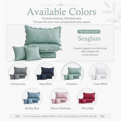 Image of HZ & HY Oversized King Bedspread, Embossed Damask Quilt Set King /Cal King, Lightweight Reversible Coverlet, Scalloped Edge - Serene Classic Look, 5 Piece, Seaglass