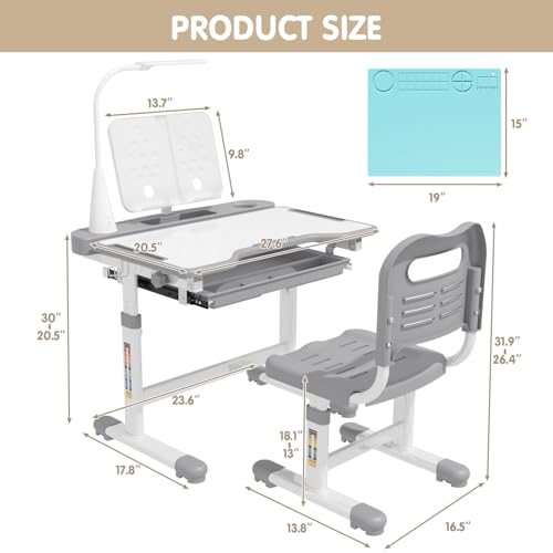 Image of BIERUM Kids Desk and Chair Set, Height Adjustable Study Table for Ages 3-12 | 55 Tiltable Kids Student Desk, Ergonomic Widened Desktop with Painting Mat, Bookstand & 3-Mode LED Lamp for Boys and Girls