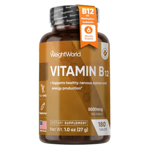 WeightWorld B12 Vitamin 5000mcg | 6-Month Supply | B12 Methylcobalamin for Healthy Nervous System & Energy Production (180 Tablets) | Vegetarian B12 Vitamins for Women & Men Non-GMO 1-a-Day