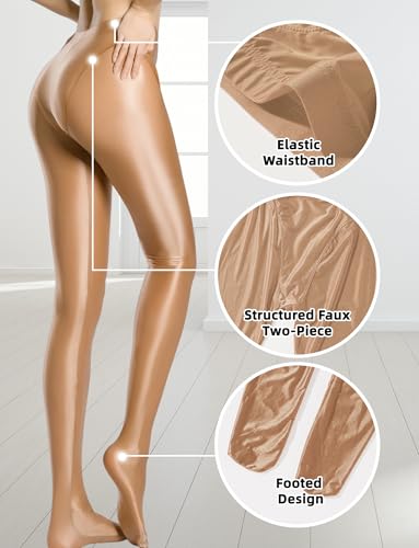 Image of FEOYA Women's Open Crotch Oil Shiny Pantyhose High Waist Control Top Silky Oily Crotchless Footed Tights Stockings