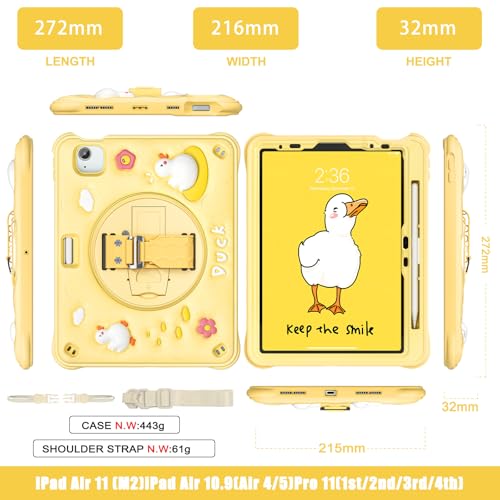 Image of ProElite Cover for iPad Air 11 M4 /M3 /M2 2026 /2025 /2024 / Pro 11 4th /3rd Gen /Air 5 /4 Gen 10.9 inch Case, Tough Bubble Kids Case with Pencil Holder with Rotating Kickstand & Shoulder Strap, Yellow