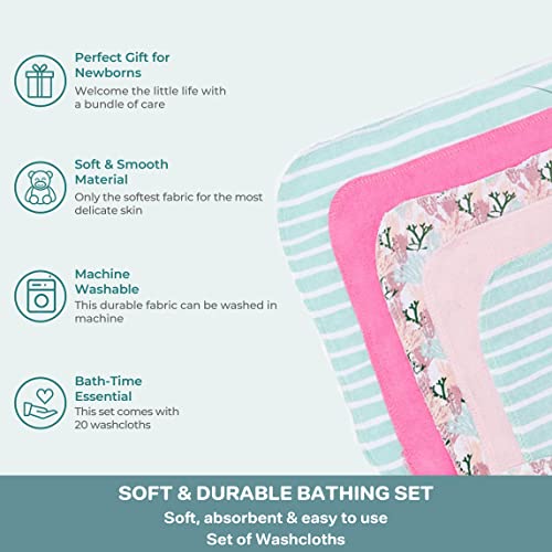Image of Spasilk Washcloth Wipes Set for Newborn Boys and Girls, Soft Terry Washcloth Set, Pack of 20, Pink Coral