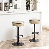 COCONINO WJ Round Storage Bar Stool Set of 2, Swivel Adjustable Height Backless Barstool, Armless Counter Stool with Metal Base for Kitchen Bar, Faux Leather in Khaki