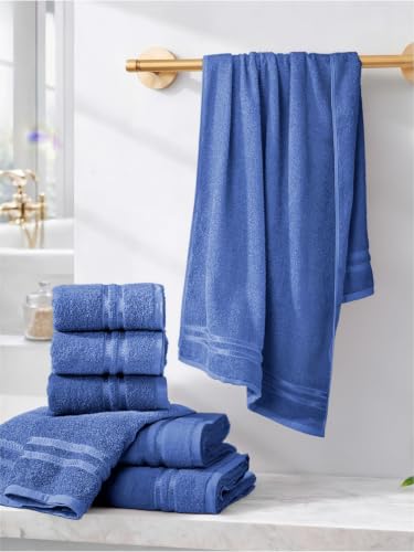 Image of 100% Cotton Terry Ultrasoft and Quick Absorbent 380 GSM Solid 6 pcs. Quick Dry Bath Towel Set for Bathroom or Gifting Towel Set (Blue)