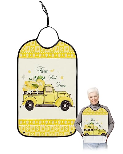 Summer Lemon Truck Adult Bibs for Eating, Waterproof Bibs with Food Catcher & Adjustable Snap Closure, Rustic Yellow Lemon Plaid Spring Floral Clothing Protectors Adult Bibs for Elderly Women/Men