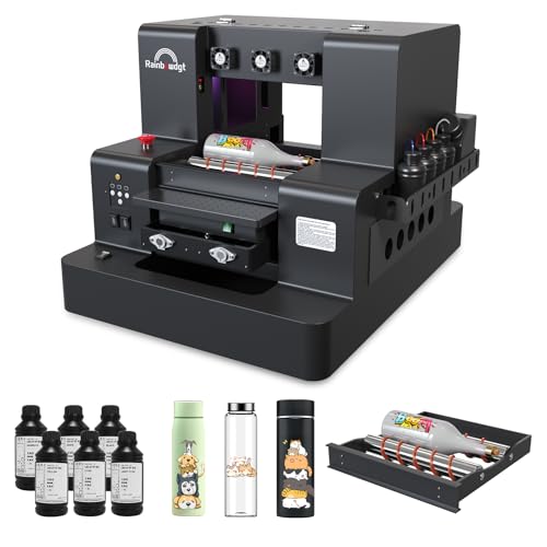 RAINBOWDGT A3 UV Printer XP600 printhead with Bottle Holder, Vacuum Platform & White Ink System,Suitable for Materials Including Cups, Phone Cases, Acrylic, Metal, Leather, Wood, PVC, and More