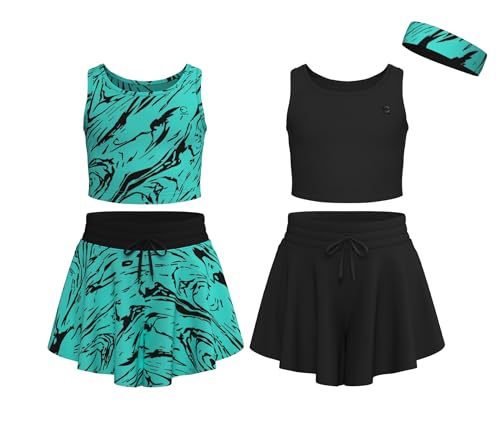 Image of Flowy Girls Butterfly Shorts Skirts w /Pockets & Athletic Sleeveless Tank Tops, Dance Tennis Cheer Running (5pc Set)