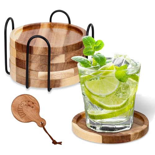 BBWELL6 Pezzi Sottobicchieri in Legno, Tazza Sottobicchieri per bevande,Sottobicchieres in Legno di Acacia con Supporto,Antiscivolo E Isolati per Tazze da Caffè E Tè, Bicchiere da Vino
