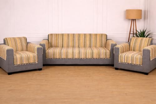 Image of Gifts Island Woven Acrylic Cotton Sofa Cover Mat, Brown Striped with Decorative Tassels, Non-Slip Design with Elastic Straps, 3 Seater and 1 Seater Mats with 6 Armrest Covers (Brown, 3+1+1 Seater)