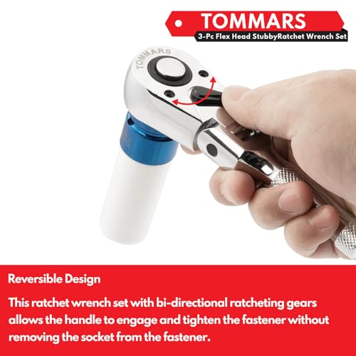 Image of TOMMARS Flex Head Stubby Ratchet Set, 1 /4 inch, 3 /8 inch, 1 /2 inch Socket Wrench Kit | Mechanic Hand Tool, Flexible, 72 Tooth 5-degree swing arc, Quick Release, Reversible