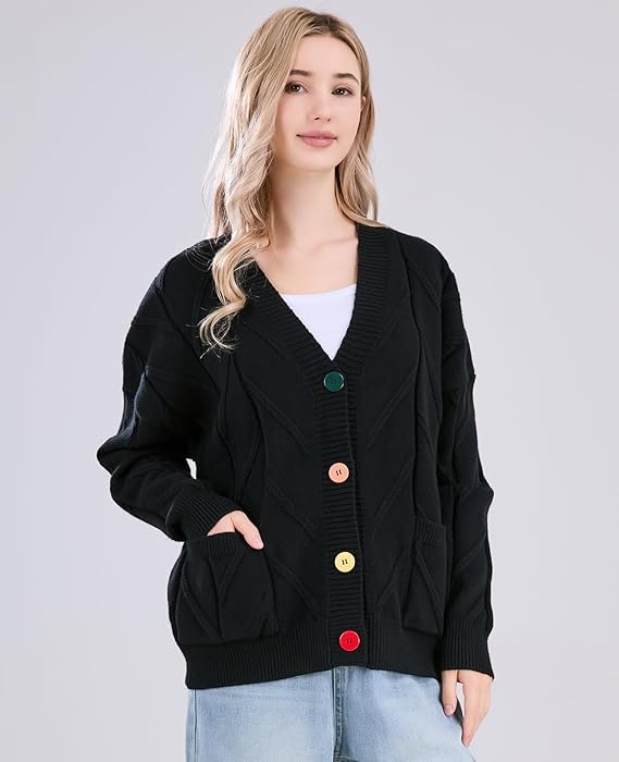 Image of utcoco Womens Open Front Cardigan Cable Knit Long Sleeve Button Down Embroidery Cardigan Sweaters