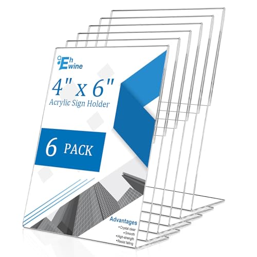 EHWINE 6 Pack 4 x 6 Acrylic Sign Holder Clear Plastic Signs Display Stand Vertical Slanted Back Paper Holder Stand up Table Top Sign Holders Flyer Stand Frames Suitable for Office Business Store