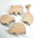 PLT 4 tiradores de madera de roble sin tratar para muebles infantiles, diseño de animales, pomos para cómoda, armario, cajón, habitación de los niños, regalo (4, elefante, león, hipopótamo, jirafa)