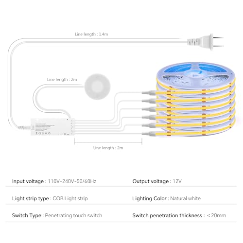 Image of LED Shelf Light 12V,6.56Ft 6-in-1Dimmable Cuttable COB LED Strip Lights,with 60W Adpter Cabinet Light 4000K for Bookshelf, Display Cabinet, Closet, Kitchen and Pantry