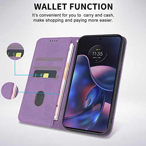 Image of Motorola Edge 2022 Case Wallet Premium PU Leather Flip Folio Case with Card Holder Slot Kickstand Strong Magnetic Protective Phone Cover for Moto Edge 2022- Purple