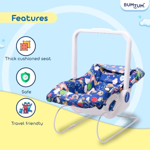 Image of BUMTUM Baby Carry Cot & Rocking Chair with Adjustable Handle| 3-Point Safety Lap Belt | Double Cushioned Washable Seats & Large Canopy for Babies (Blue)