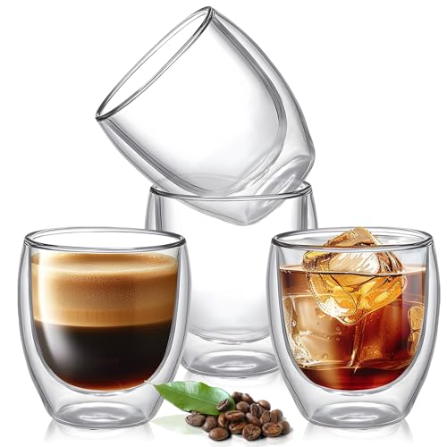Syzplnwy Lot de 4 tasses à café en verre à double paroi de 150 ml, tasses en verre borosilicate avec couche isolée, tasses à expresso transparentes résistantes aux chocs thermiques pour café chaud