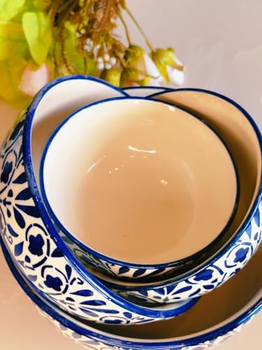Image of Niyara Stoneware Handmade Ceramic Stylish Premium Serving Bowls /Salad Tray Microwave Dishwasher Safe Set of 4 (Blue & White Floral Print)