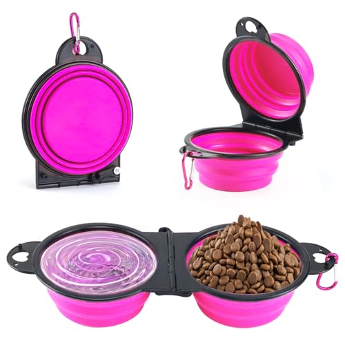Qcdou Ciotola per Cani Portatile, Ciotole per Cani 2 in 1, Ciotola Pieghevole per con Moschettone da Alpinismo, per Gatti e Animali Domestici (Rosa)