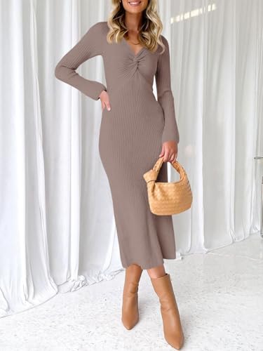 Image of RAISECOM Women Sweater Dress Long Sleeve V Neck Knit Bodycon Midi Dress