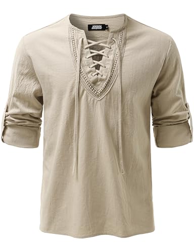 JOGAL Mens Renaissance Shirt Medieval Pirate Viking Halloween Costume Gothic Steampunk Retro Long Sleeve Lace Up Shirts Beige Large