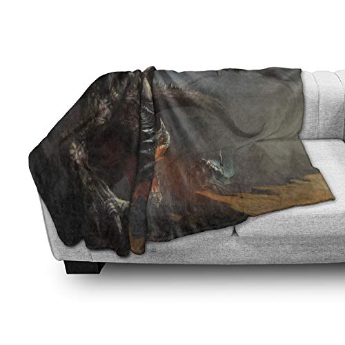 Lunarable Medieval Throw Blanket, Fantasy Scene Fearless Knight Dragon Art Antique Surreal, Flannel Fleece Accent Piece Soft Couch Cover For Adults, 50" X 70", Dimgray Charcoal #TOP2