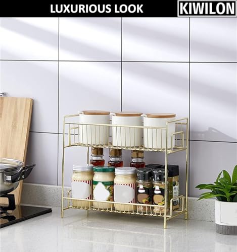 Image of 2 Tier Golden Countertop Organizer for Bathroom Kitchen Rack Organiser with Plastic Marble Look Plastic Tray Cosmetic Storage Shelf (Rose Gold, M)