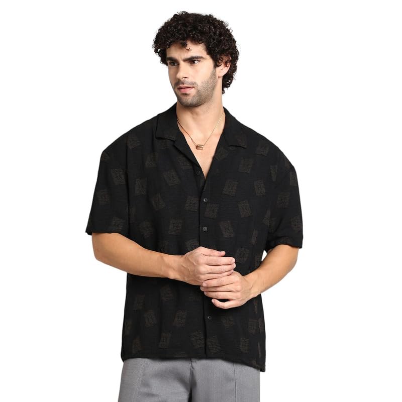 Image of CAHOOT Men's Oversized Shirt for Casual Wear | Cuban Collar | Short Regular Sleeves | Button Closure | Oversized Shirt Crafted with Comfort Fit for Everyday Wear