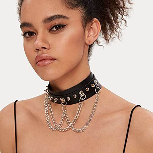 Olbye Black Leather Choker Necklace - Circle Short Necklace With Rivet Studded Spike, Adjustable Punk Design, Gothic Style for Women2